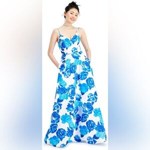 City Studio Fit and Flare Floral Maxi Dress with Lace-up Back Ivy Blue